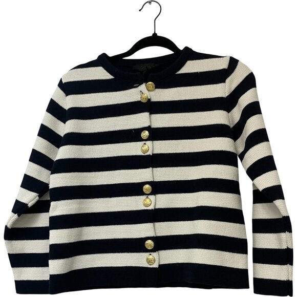 Zara Womens Cardigan Size M Navy Blue White Striped gold Button 6427/022 NWT - Picture 1 of 16